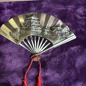 VINTAGE JAPANESE BRASS FAN WITH ENGRAVED DESIGN 7'' WIDE X 4.5' LONG
